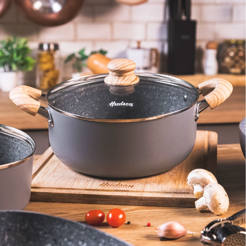 OLLA CACEROLA C/ ANTIADHERENTE 26 CM DIFUSOR DE CALOR 5.5L LINEA GRANITO HUDSON GRIS GRS08 - 2