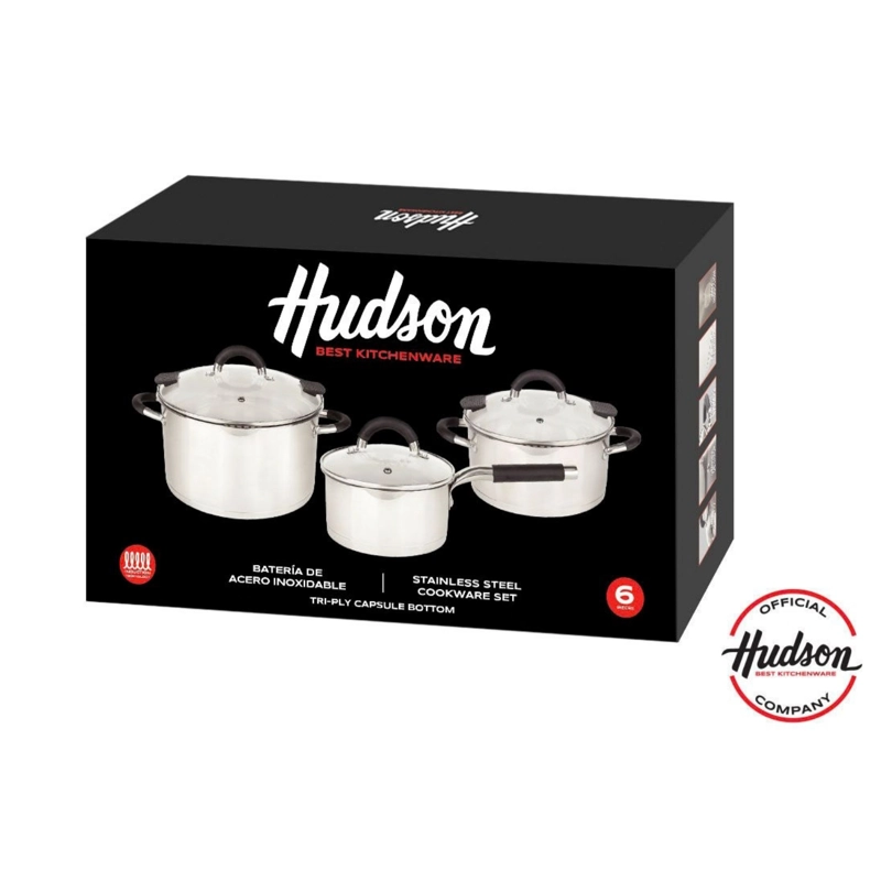 BATERIA DE ACERO INOXIDABLE TAPA COLADOR HUDSON 6 PIEZAS COLOR PLATEADO GIM11 - 6