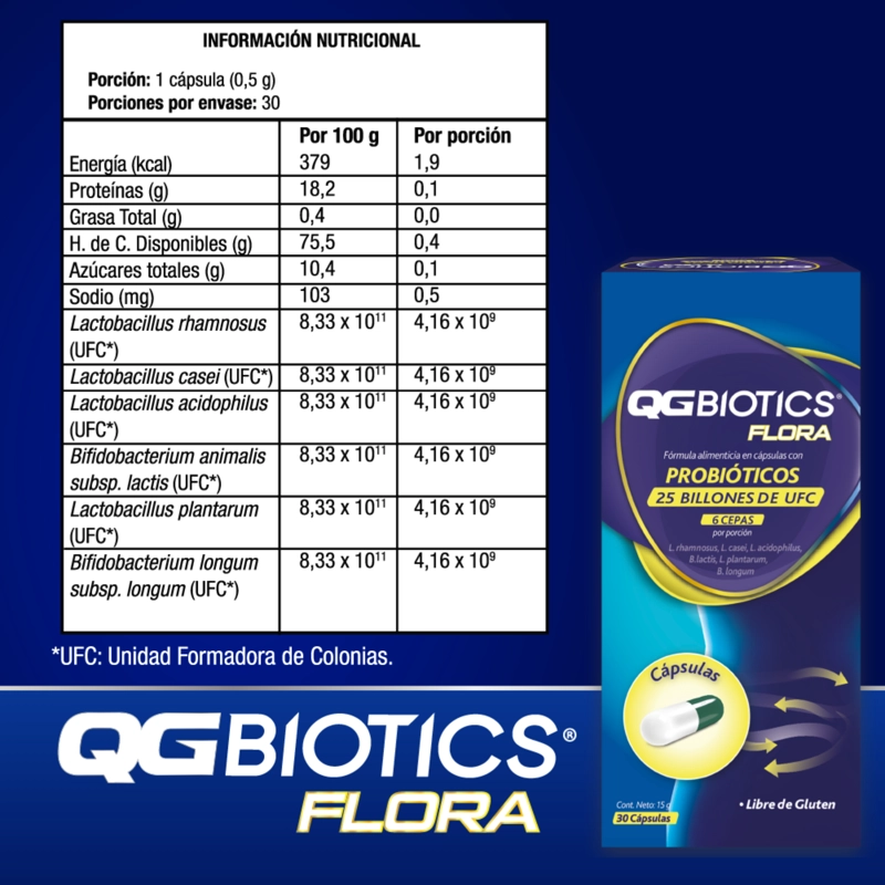 SUPLEMENTO ALIMENTICIO XRAY QGBIOTICS FLORA PROBIÓTICOS 25 BILLONES UFC - 30 CÁPSULAS - 5