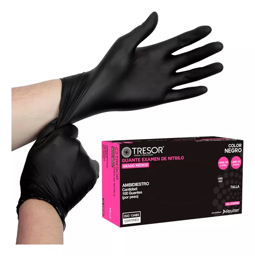 GUANTES TRESOR DE NITRILO DESCARTABLES ANTIDESLIZANTES EXAMINACIÓN COLOR NEGRO TALLA M X 100 UND - 1
