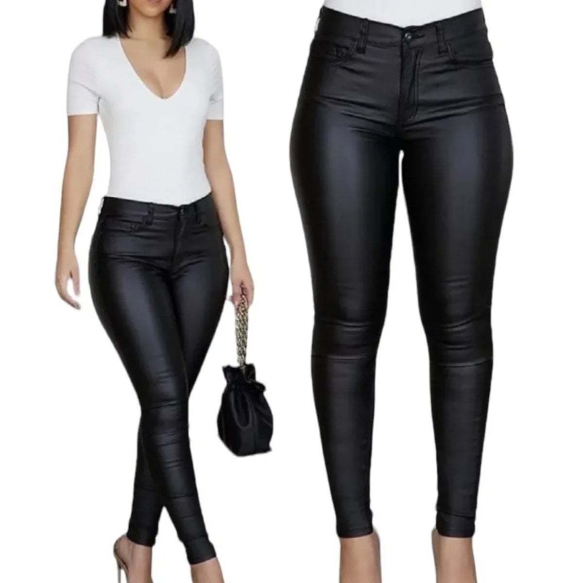JEANS MUJER BUCANERAS NEGRO ECO CUERO CALCE PERFECTO TIRO ALTO ELASTICADOS BOTÓN CIERRE - 3