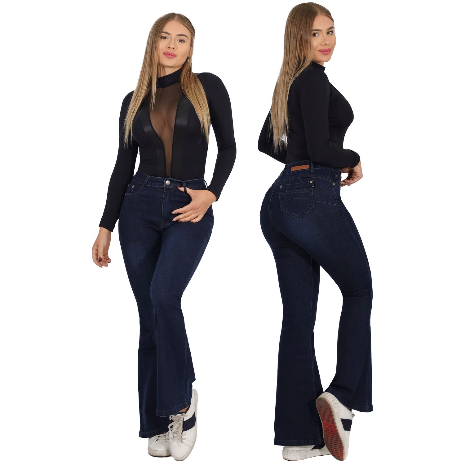 JEAN LARGO FLARE MUJER AZUL PUSH UP ACAMPANADO LEVANTA COLA CORTE COLOMBIANO ESCULTOR OSCURO - 1