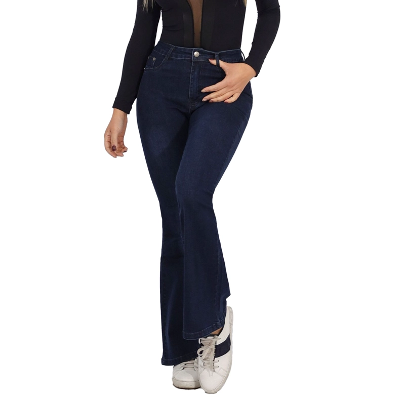 JEAN LARGO FLARE MUJER AZUL PUSH UP ACAMPANADO LEVANTA COLA CORTE COLOMBIANO ESCULTOR OSCURO - 2