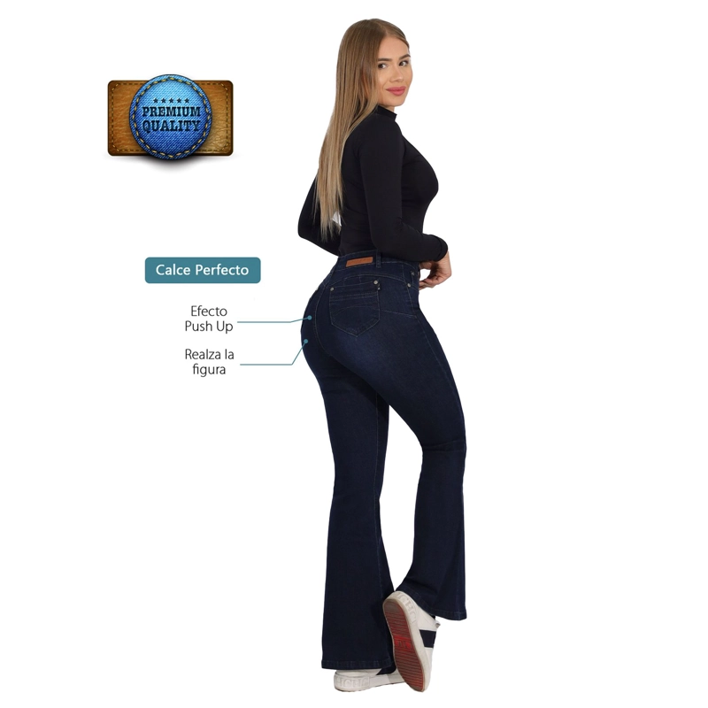 JEAN LARGO FLARE MUJER AZUL PUSH UP ACAMPANADO LEVANTA COLA CORTE COLOMBIANO ESCULTOR OSCURO - 3