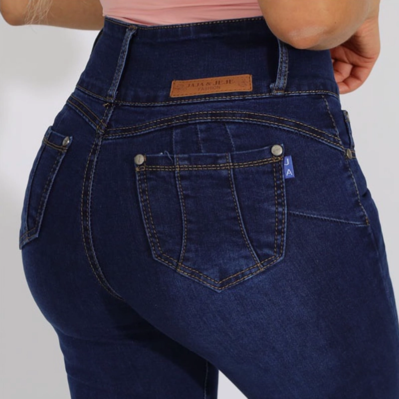JEAN LARGO FLARE MUJER AZUL PUSH UP ACAMPANADO LEVANTA COLA CORTE COLOMBIANO ESCULTOR OSCURO - 8