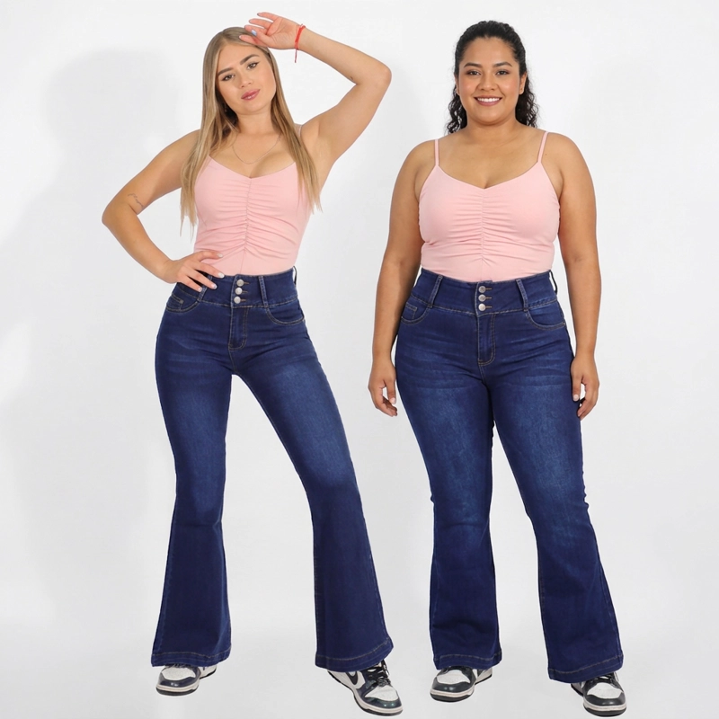 JEAN LARGO FLARE MUJER AZUL PUSH UP ACAMPANADO LEVANTA COLA CORTE COLOMBIANO ESCULTOR OSCURO - 9
