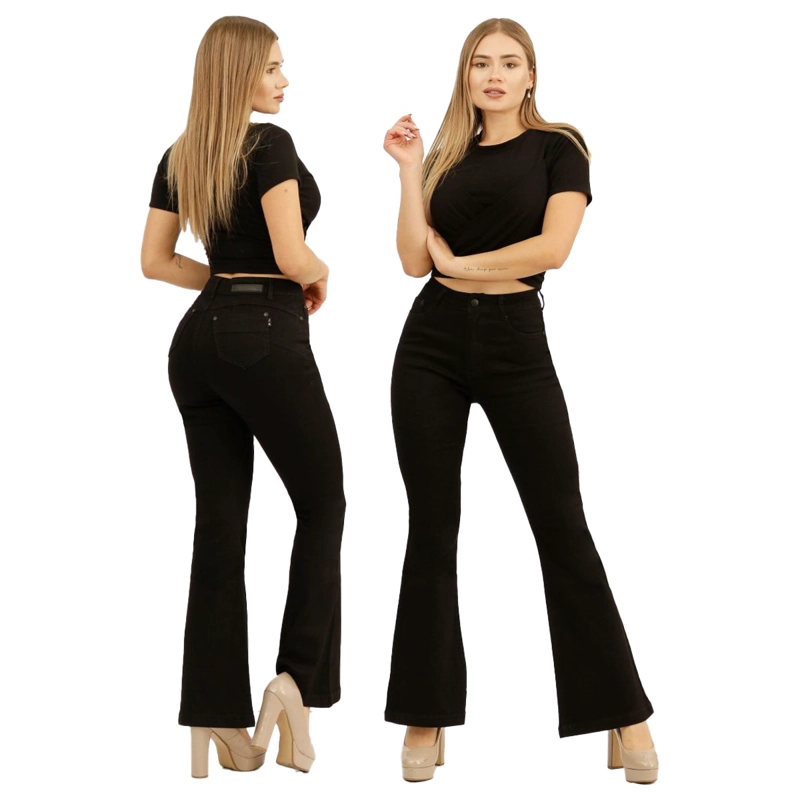 JEAN LARGO FLARE MUJER PATA ANCHA PUSH UP ACAMPANADO LEVANTA COLA CORTE COLOMBIANO ESCULTOR - 1