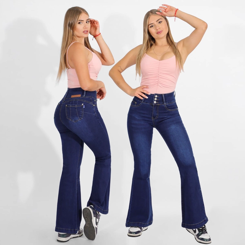 JEAN LARGO FLARE MUJER PATA ANCHA PUSH UP ACAMPANADO LEVANTA COLA CORTE COLOMBIANO ESCULTOR - 1