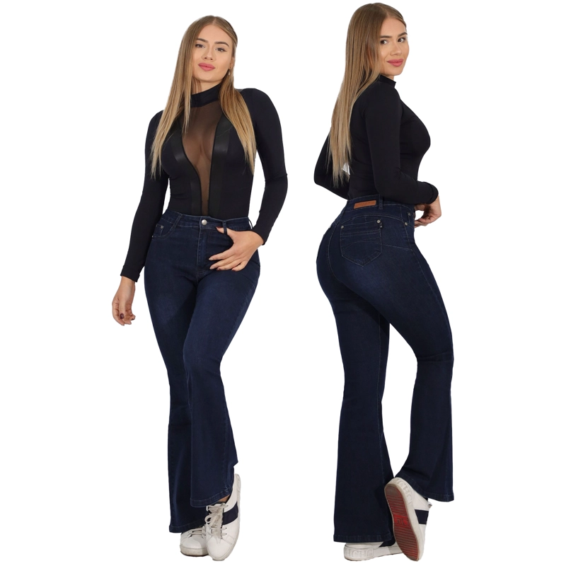 JEAN LARGO FLARE MUJER PATA ANCHA PUSH UP ACAMPANADO LEVANTA COLA CORTE COLOMBIANO ESCULTOR - 1