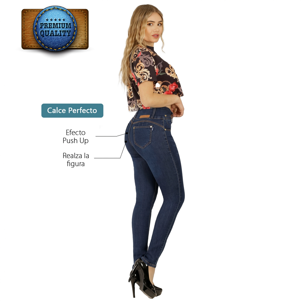 JEANS PUSH UP MUJER BUCANERAS AZUL FULL LEVANTA COLA CORTE COLOMBIANO CALCE PERFECTO - 4