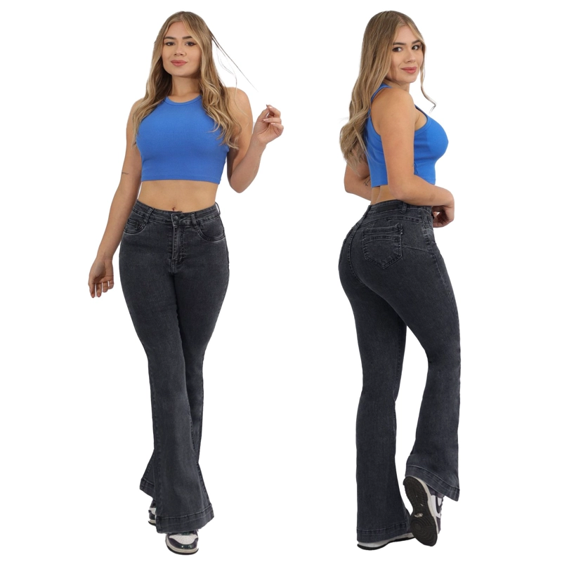 JEANS FLARE MUJER BUCANERAS GRIS FLARE PUSH UP ACAMPANADO LEVANTA COLA CORTE COLOMBIANO ESCULTOR - 1