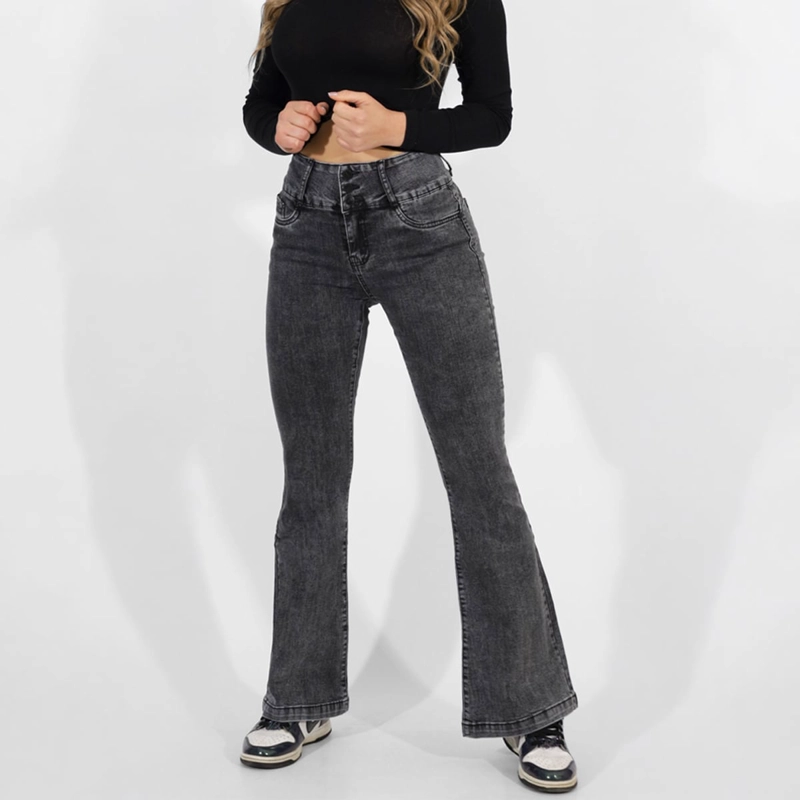 JEANS FLARE MUJER BUCANERAS GRIS FLARE PUSH UP ACAMPANADO LEVANTA COLA CORTE COLOMBIANO ESCULTOR - 2