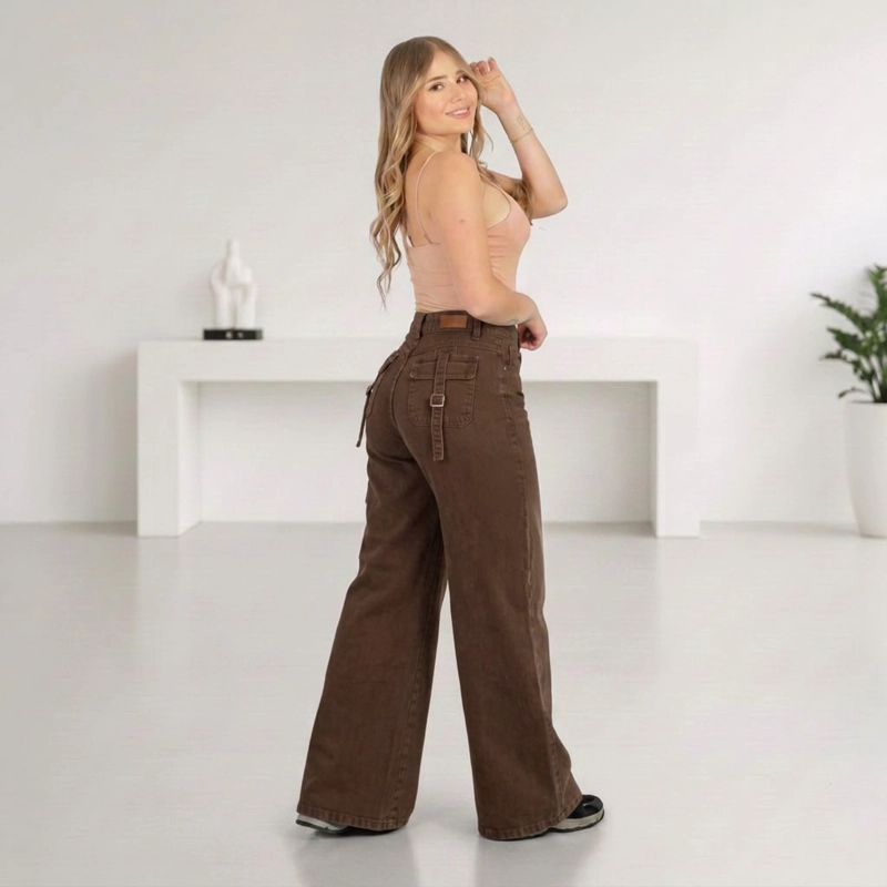 JEANS WIDE LEG PALAZZO ELASTICADO TIRO ALTO PUSH UP OVERSIZE - 2