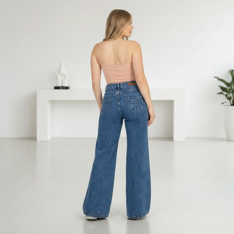 JEANS WIDE LEG PALAZZO ELASTICADO TIRO ALTO PUSH UP OVERSIZE - 3