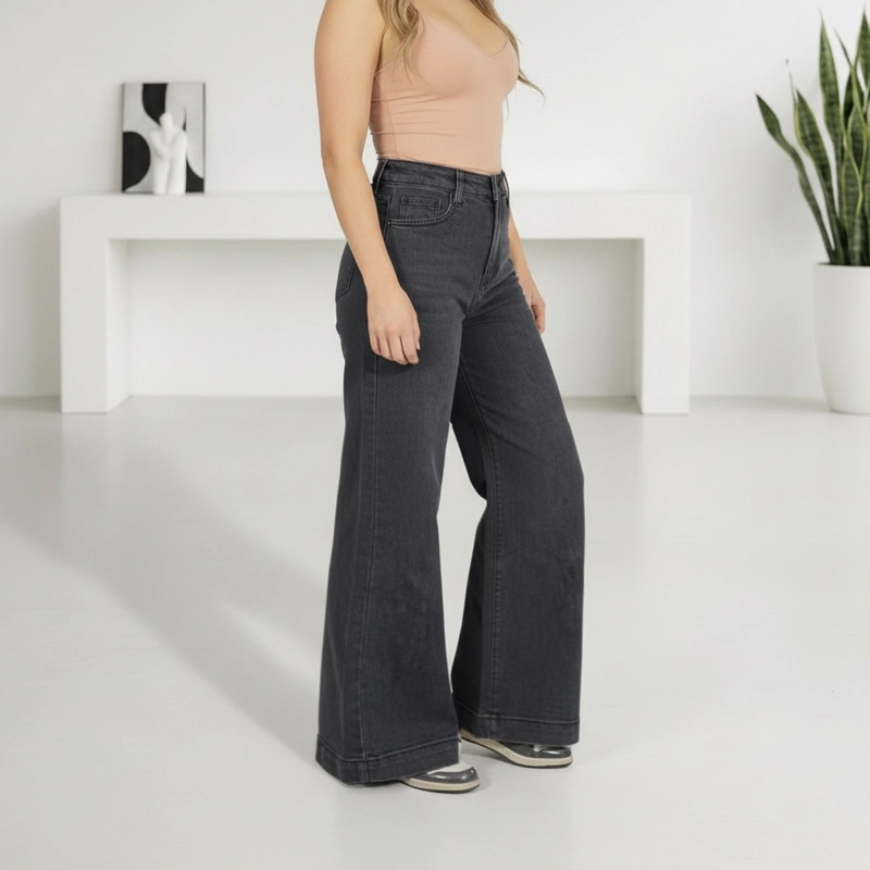 JEANS WIDE LEG PALAZZO ELASTICADO TIRO ALTO PUSH UP OVERSIZE - 7