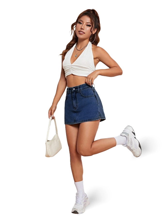 FALDA SHORT JEANS MEZCLILLA FULL ELASTICADA TIRO ALTO PRETINA ALTA - 5