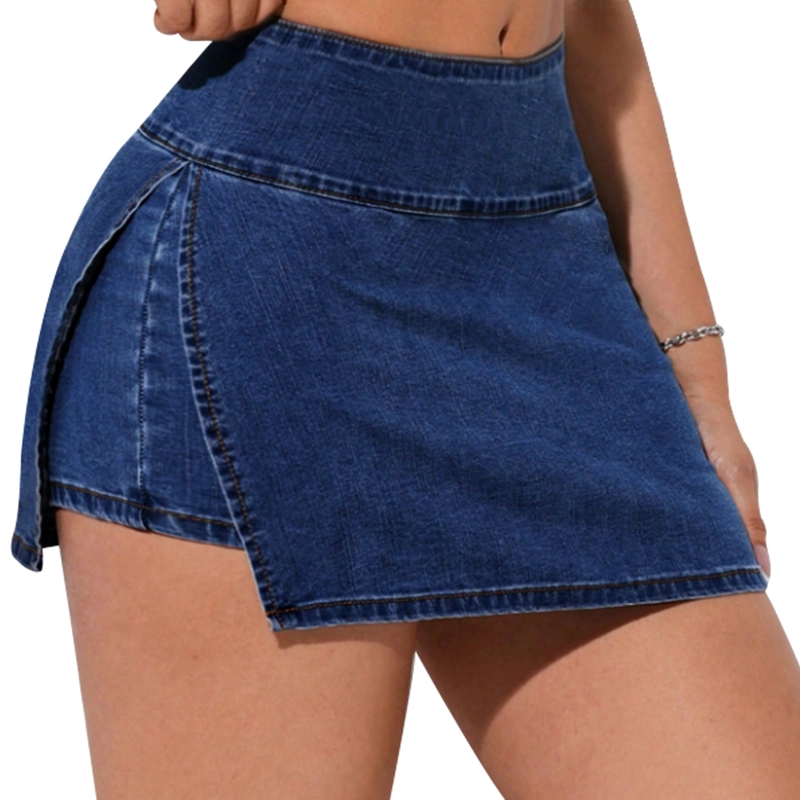 FALDA SHORT JEANS MEZCLILLA FULL ELASTICADA TIRO ALTO PRETINA ANCHA - 1