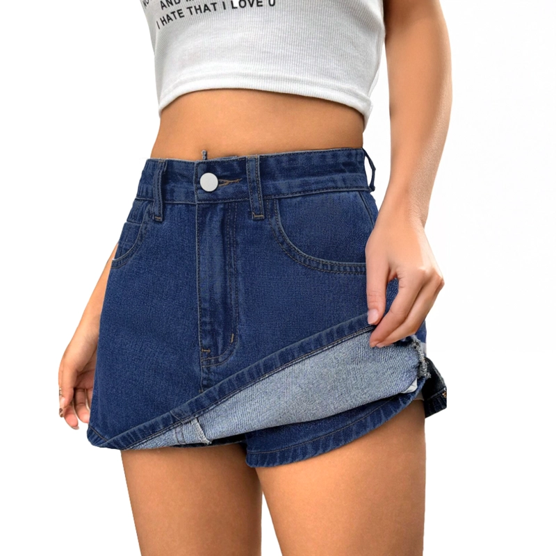 FALDA SHORT JEANS MEZCLILLA FULL ELASTICADA TIRO ALTO PRETINA ANCHA - 1