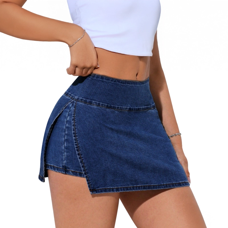 FALDA SHORT JEANS MEZCLILLA FULL ELASTICADA TIRO ALTO PRETINA ANCHA - 2