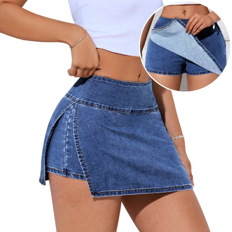 FALDA SHORT JEANS MEZCLILLA FULL ELASTICADA TIRO ALTO PRETINA ANCHA - 2