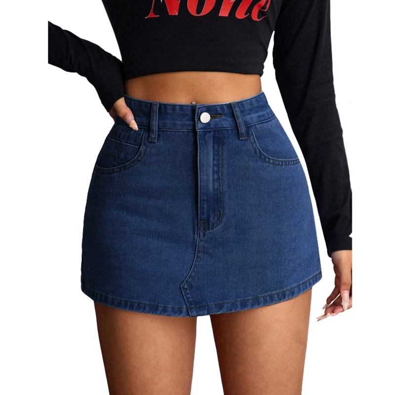 FALDA SHORT JEANS MEZCLILLA FULL ELASTICADA TIRO ALTO PRETINA ANCHA - 2