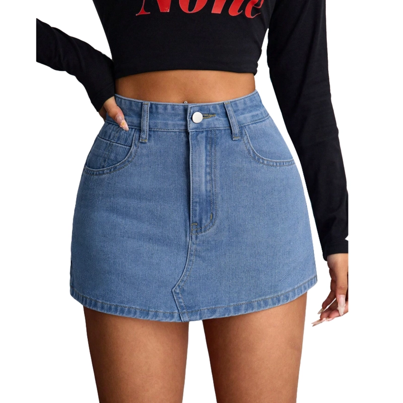 FALDA SHORT JEANS MEZCLILLA FULL ELASTICADA TIRO ALTO PRETINA ANCHA - 3