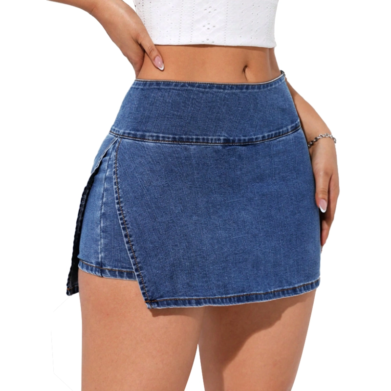 FALDA SHORT JEANS MEZCLILLA FULL ELASTICADA TIRO ALTO PRETINA ANCHA - 4