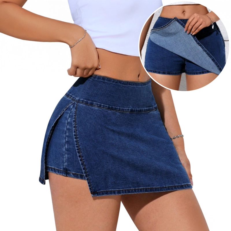 FALDA SHORT JEANS MEZCLILLA FULL ELASTICADA TIRO ALTO PRETINA ANCHA - 5