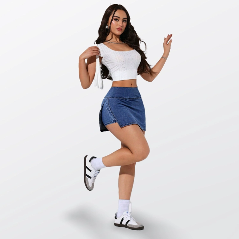FALDA SHORT JEANS MEZCLILLA FULL ELASTICADA TIRO ALTO PRETINA ANCHA - 5
