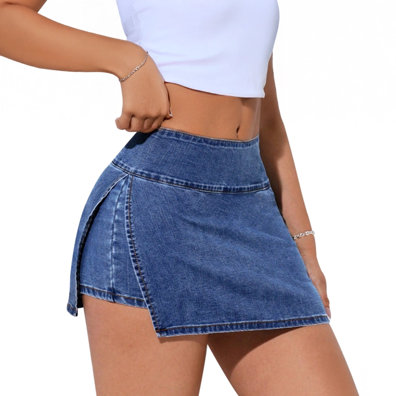 FALDA SHORT JEANS MEZCLILLA FULL ELASTICADA TIRO ALTO PRETINA ANCHA - 6
