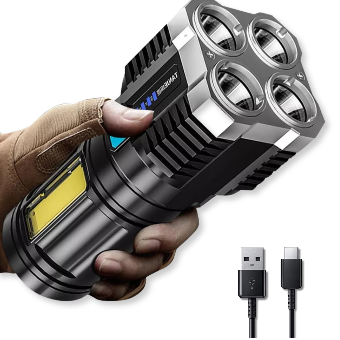 LINTERNA LED USB RECARGABLE ALTO ALCANCE 330 MTS 4 FOCOS - 1