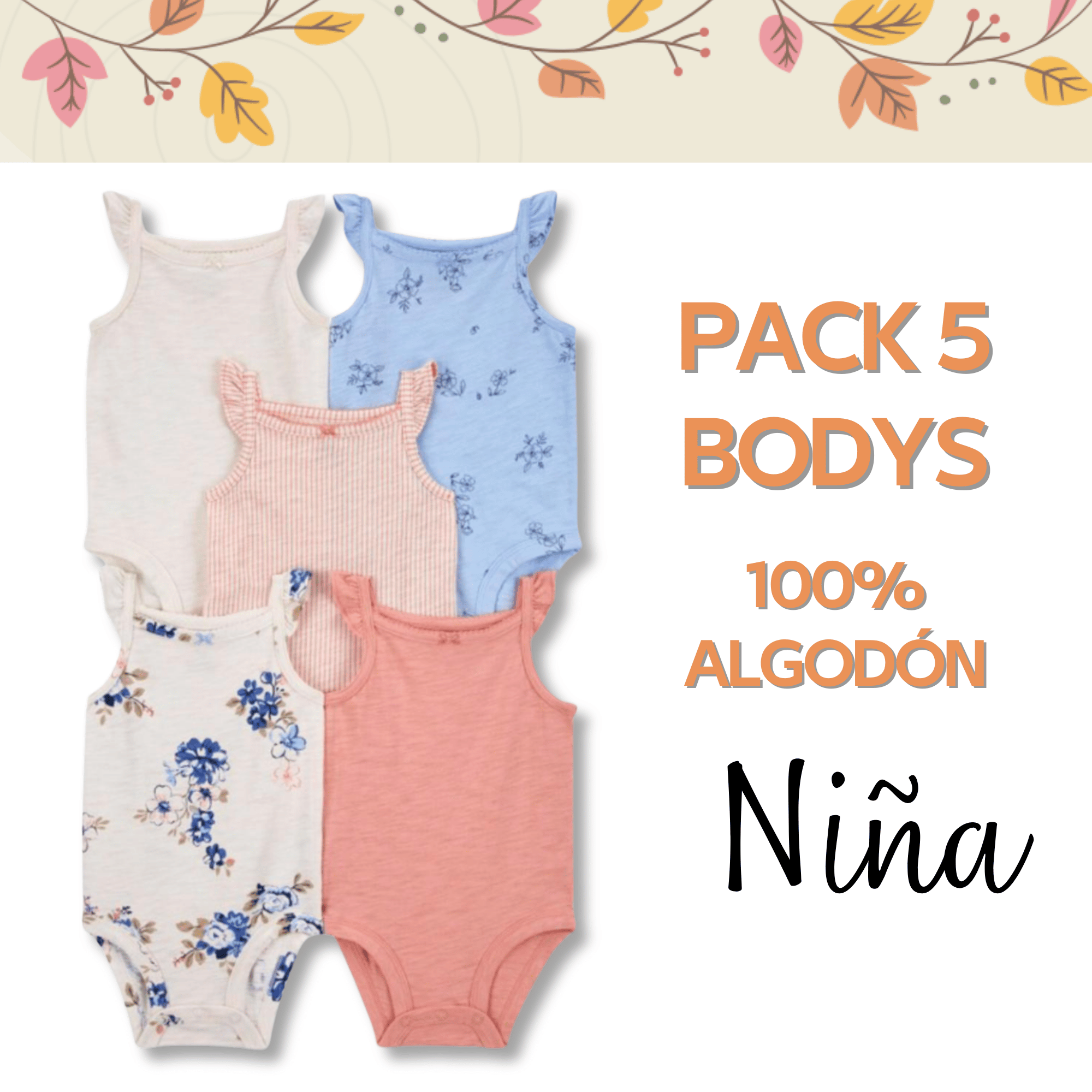 PACK 5 BODY ALGODON NIÑA UTILISIMO MULTICOLOR BLANCO SIN MANGA TEDMIMAK FLORES - 5