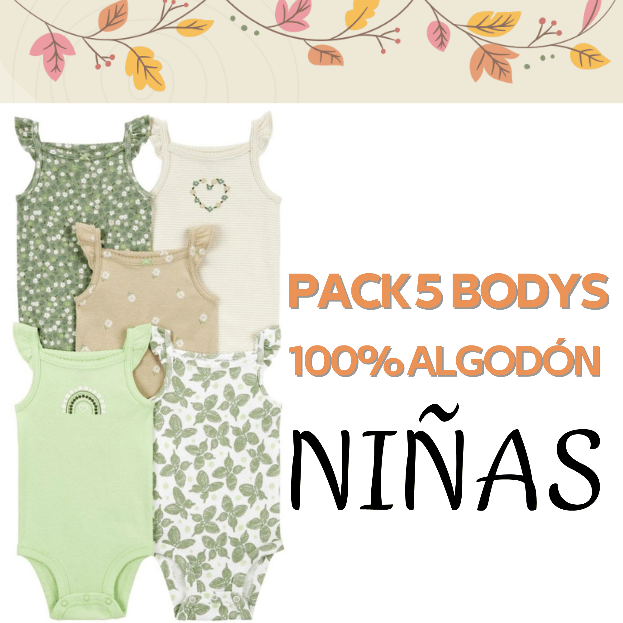 PACK 5 BODY ALGODON NIÑA UTILISIMO MULTICOLOR SIN MANGA TEDMIMAK MARIPOSAS VERDE - 5