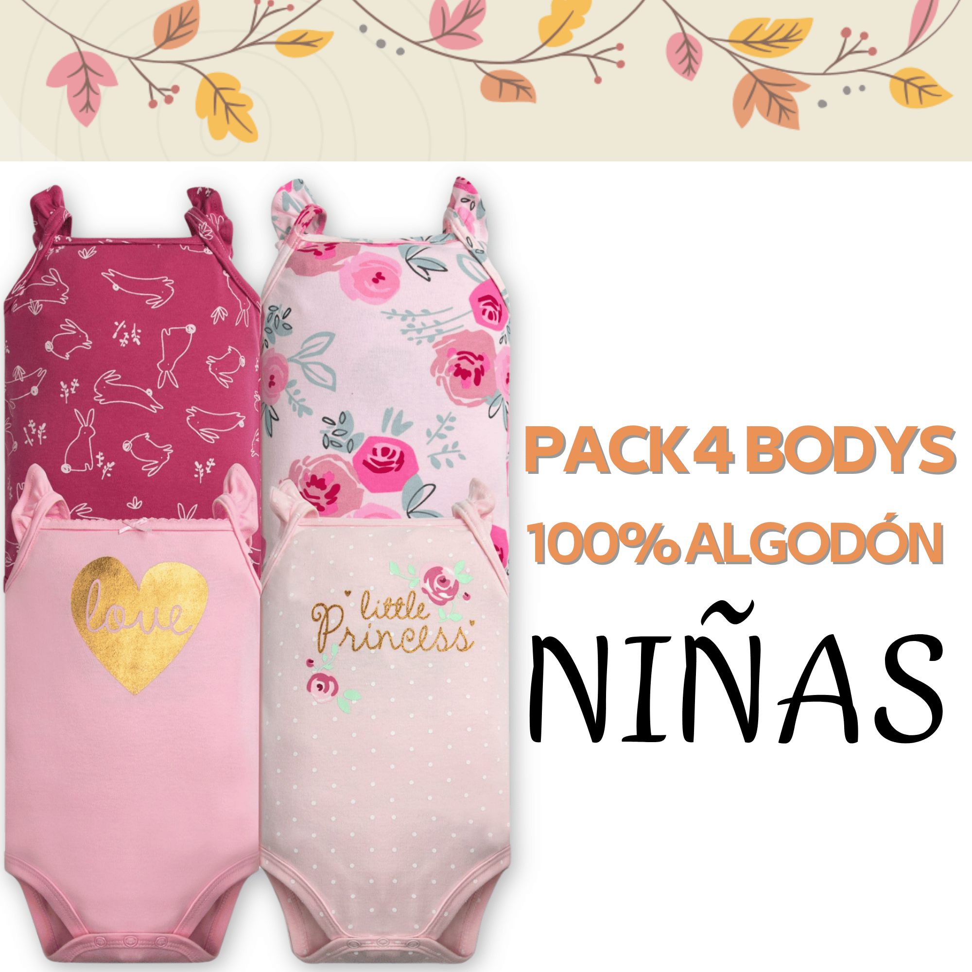 PACK 4 BODY ALGODON NIÑA UTILISIMO ROSA SIN MANGA TEDMIMAK LITTLE PRINCESS - 5