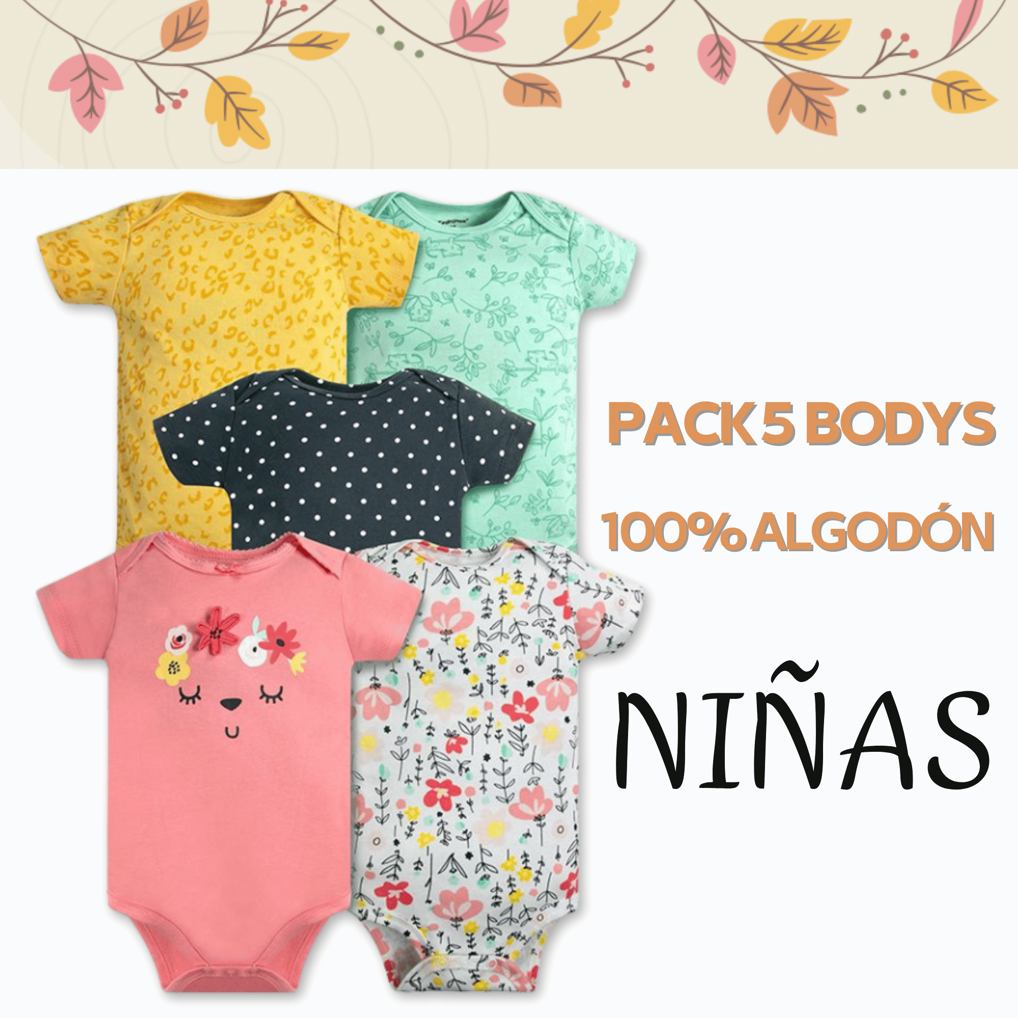 PACK 5 BODY ALGODON NIÑA UTILISIMO MULTICOLOR ROSA MANGA CORTA TEDMIMAK FLOREADO - 5