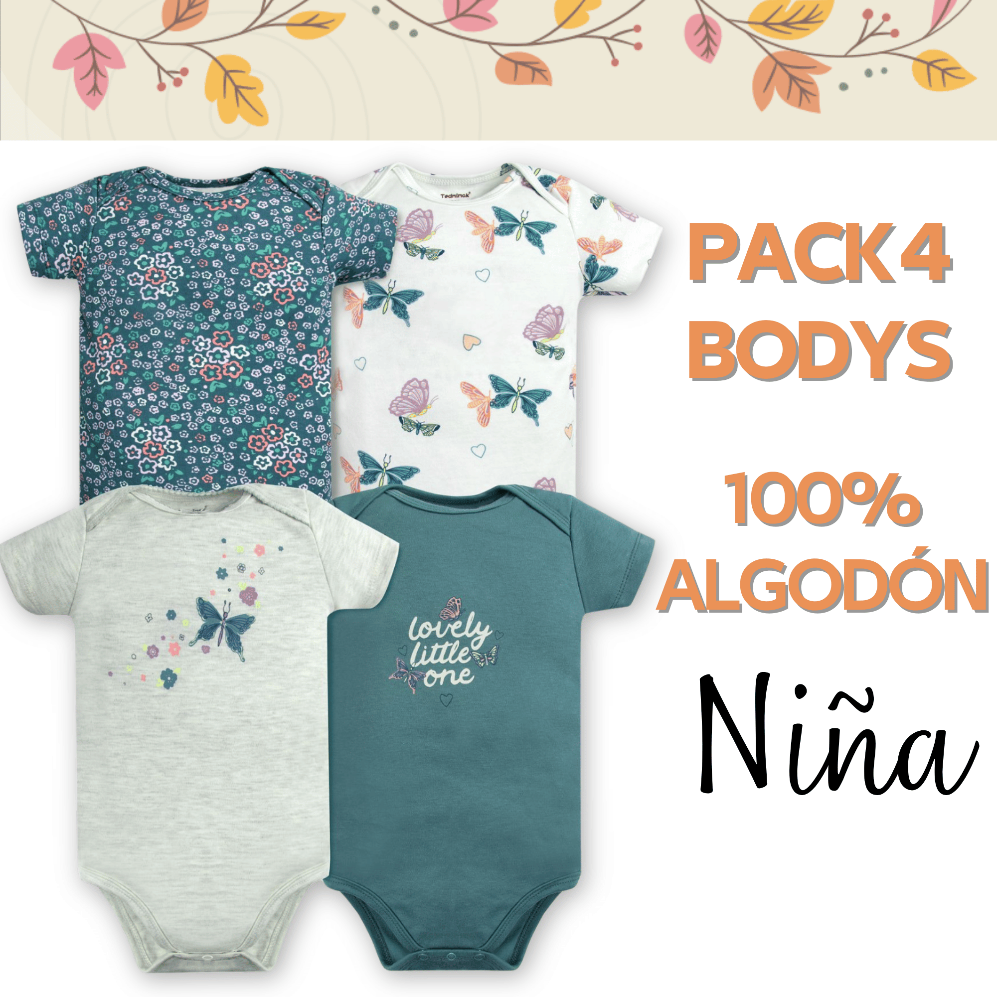 PACK 4 BODY ALGODON NIÑA UTILISIMO MULTICOLOR AZUL MANGA CORTA TEDMIMAK MARIPOSAS - 5
