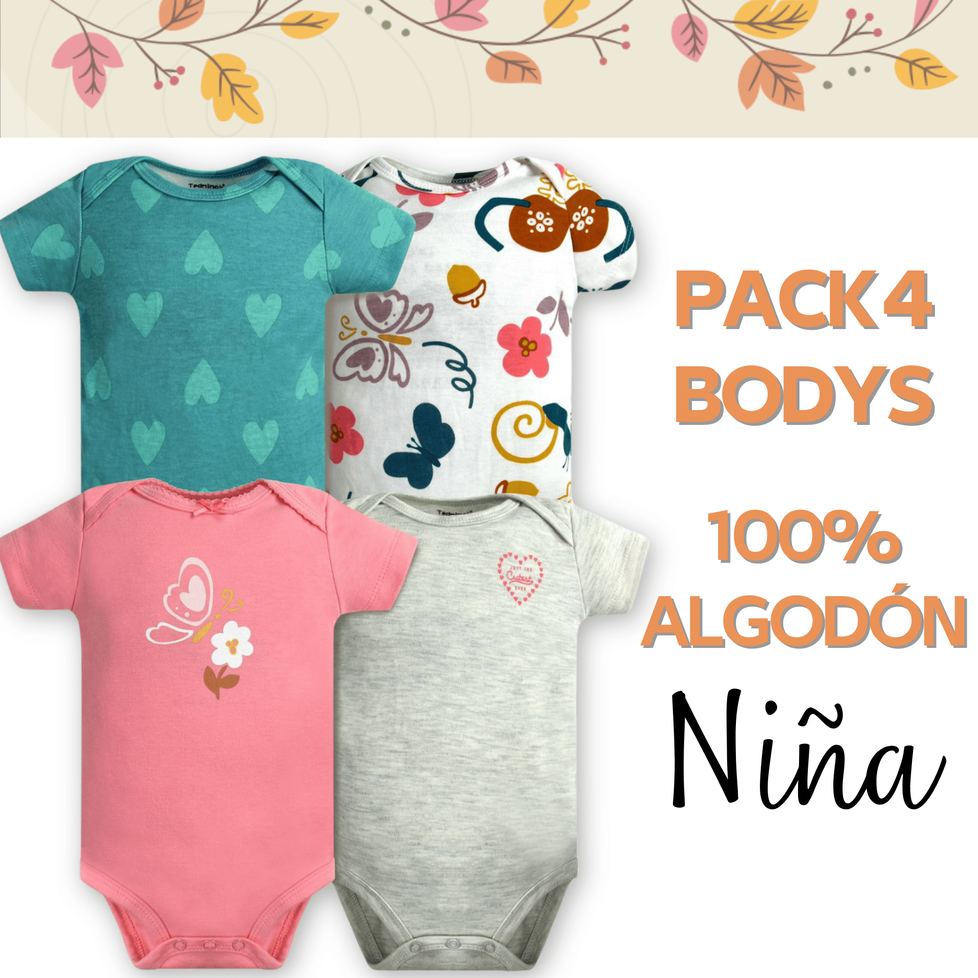 PACK 4 BODY ALGODON NIÑA UTILISIMO MULTICOLOR ROSA MANGA CORTA TEDMIMAK MARIPOSAS - 5