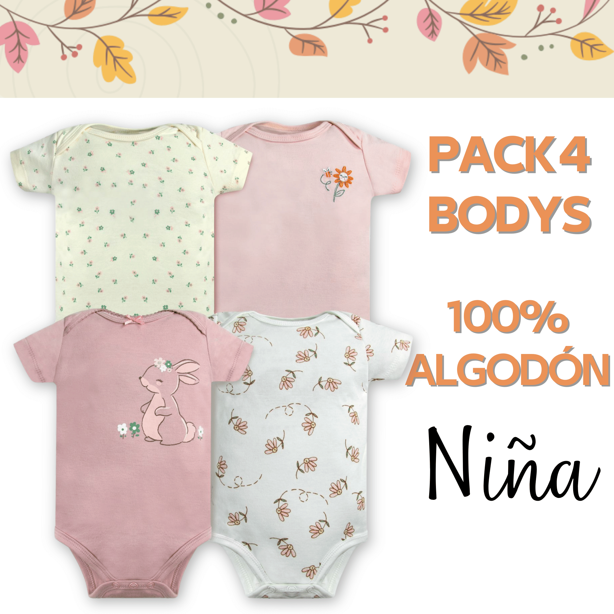 PACK 4 BODY ALGODON NIÑA UTILISIMO MULTICOLOR ROSA MANGA CORTA TEDMIMAK CONEJOS - 5