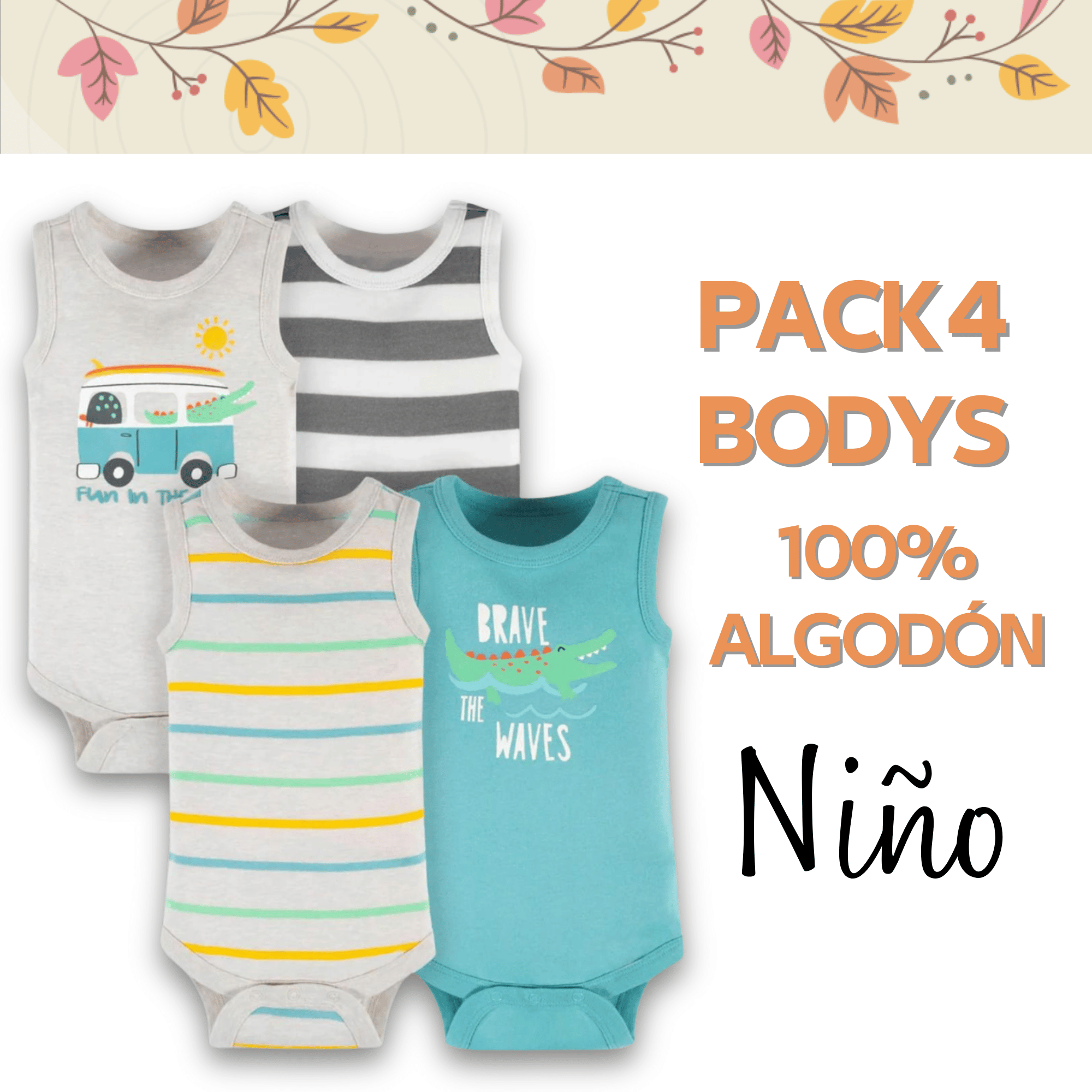 PACK 4 BODY ALGODON NIÑO UTILISIMO MULTICOLOR SIN MANGA TEDMIMAK COCODRILO VERDE - 5