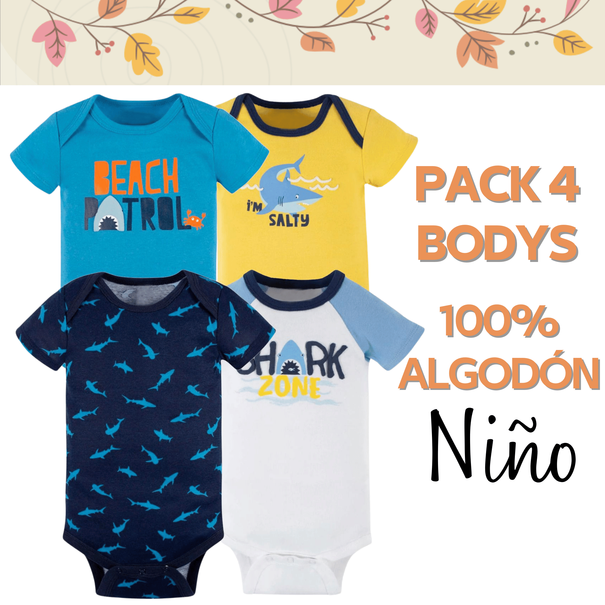 PACK X4 BODYS ALGODÓN NIÑO UTILÍSIMO AZUL MANGA CORTA TEDMIMAK TIBURÓN - 5