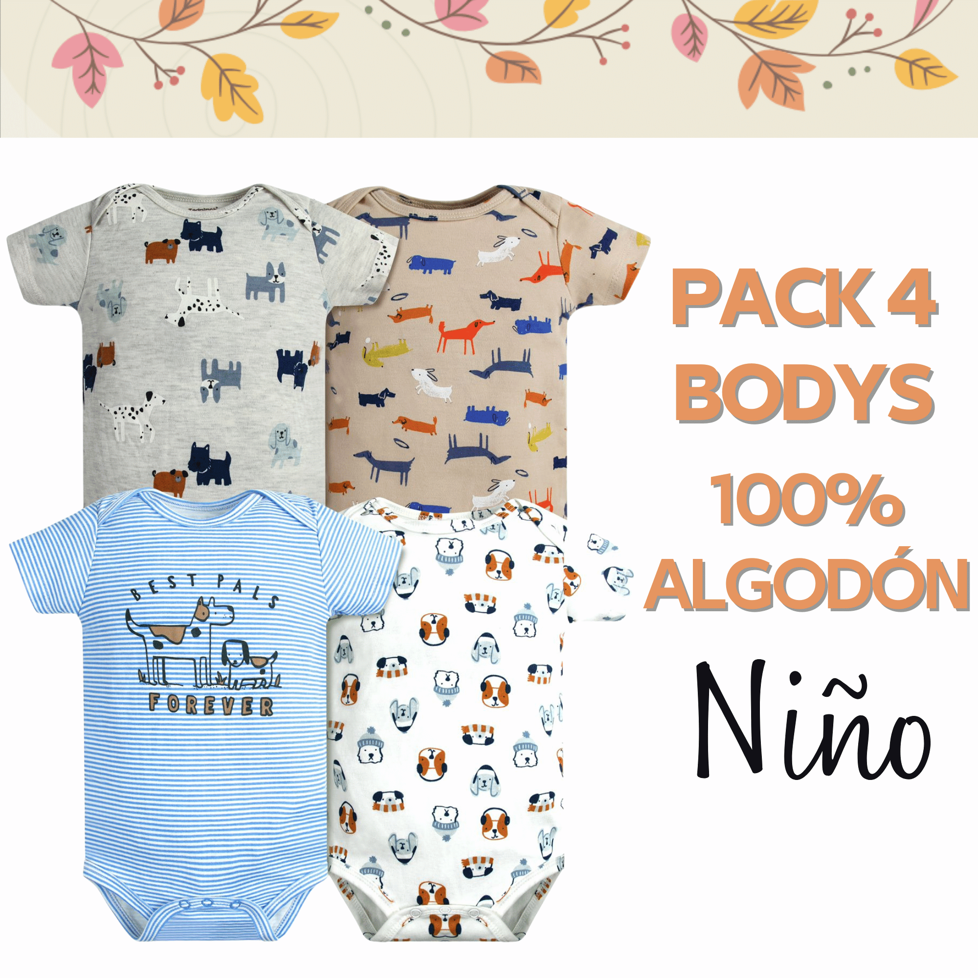 PACK 4 BODY ALGODON NIÑO UTILISIMO MULTICOLOR AZUL MANGA CORTA TEDMIMAK CACHORROS - 5