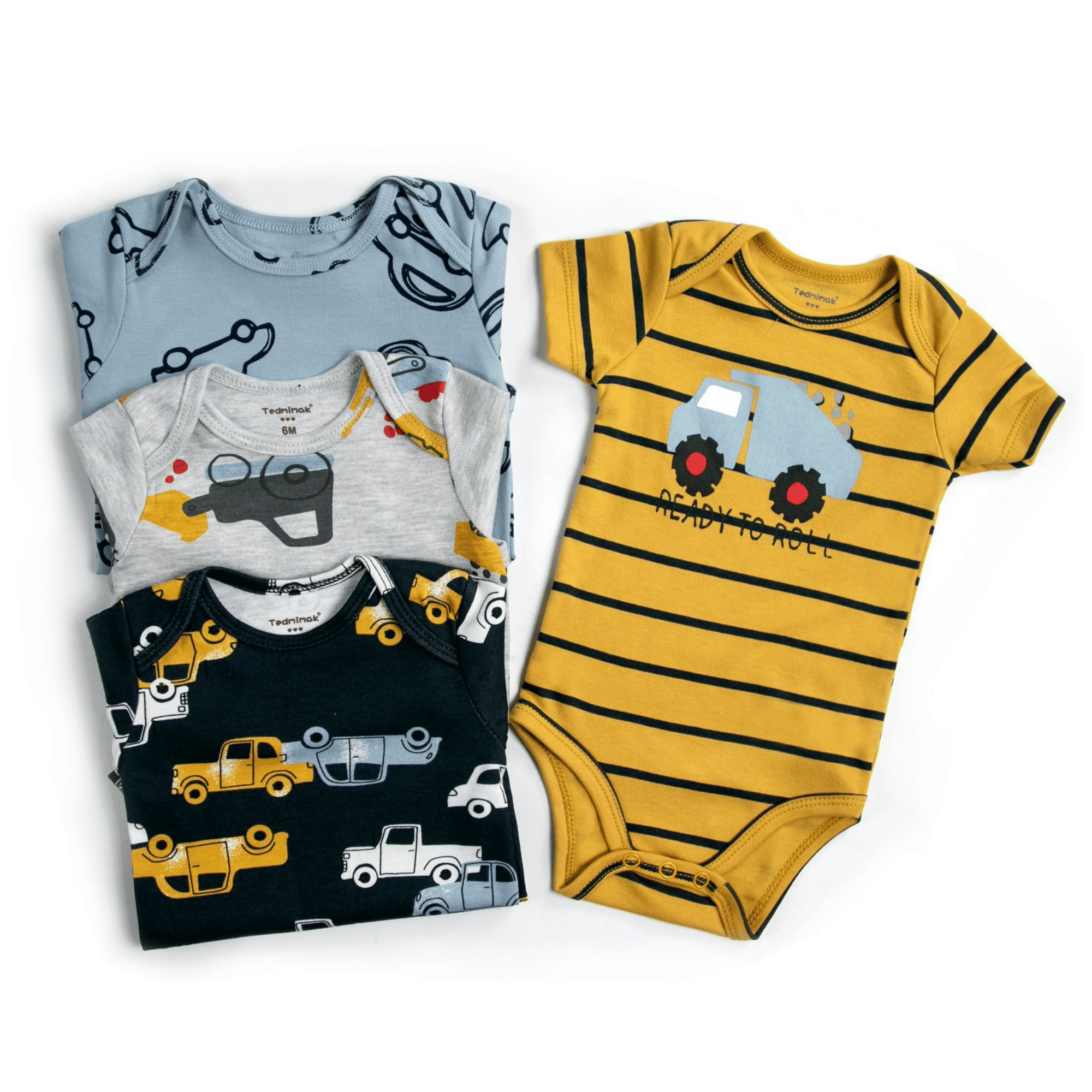 PACK 4 BODY ALGODON NIÑO UTILISIMO AMARILLO MANGA CORTA TEDMIMAK AUTOS - 2
