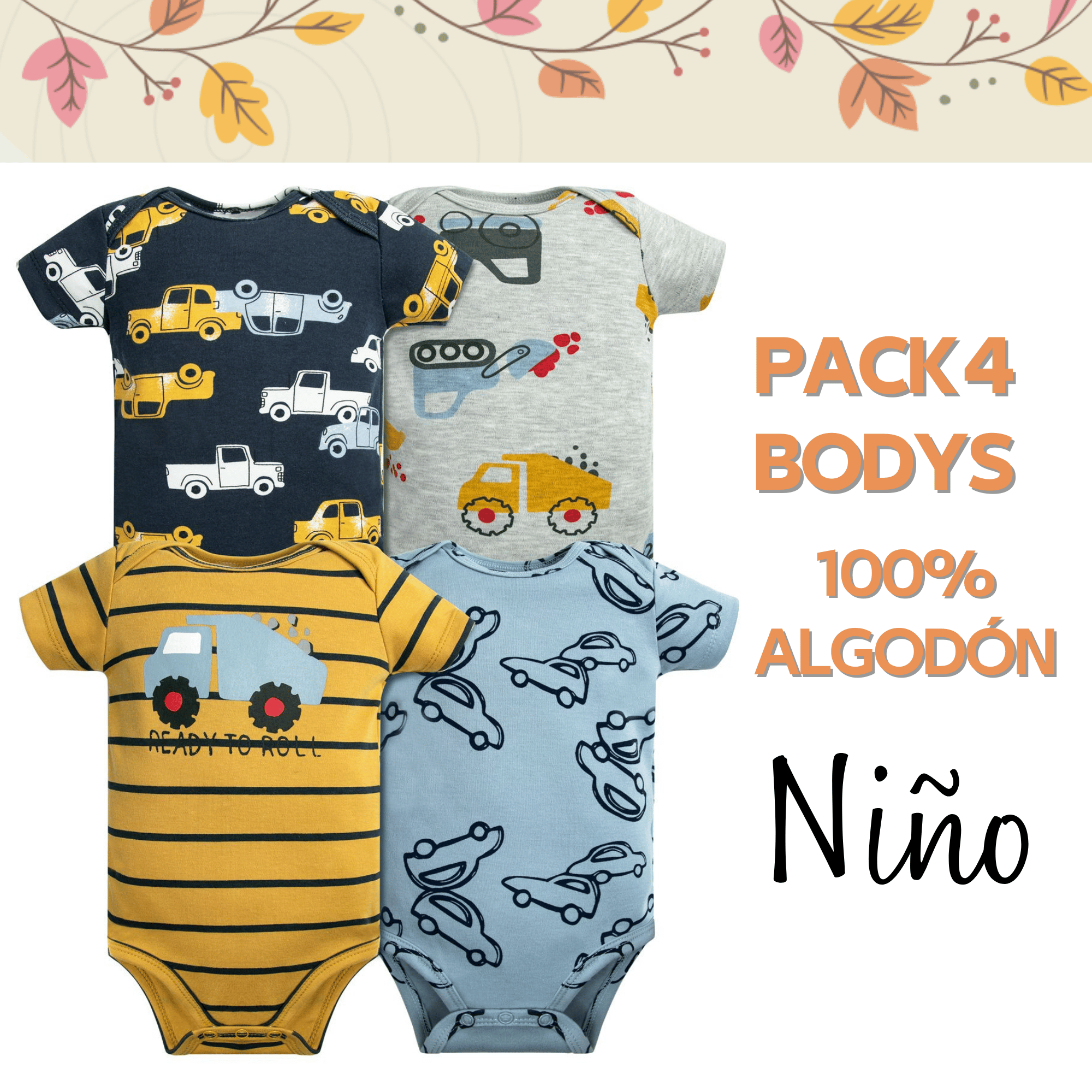 PACK 4 BODY ALGODON NIÑO UTILISIMO AMARILLO MANGA CORTA TEDMIMAK AUTOS - 5