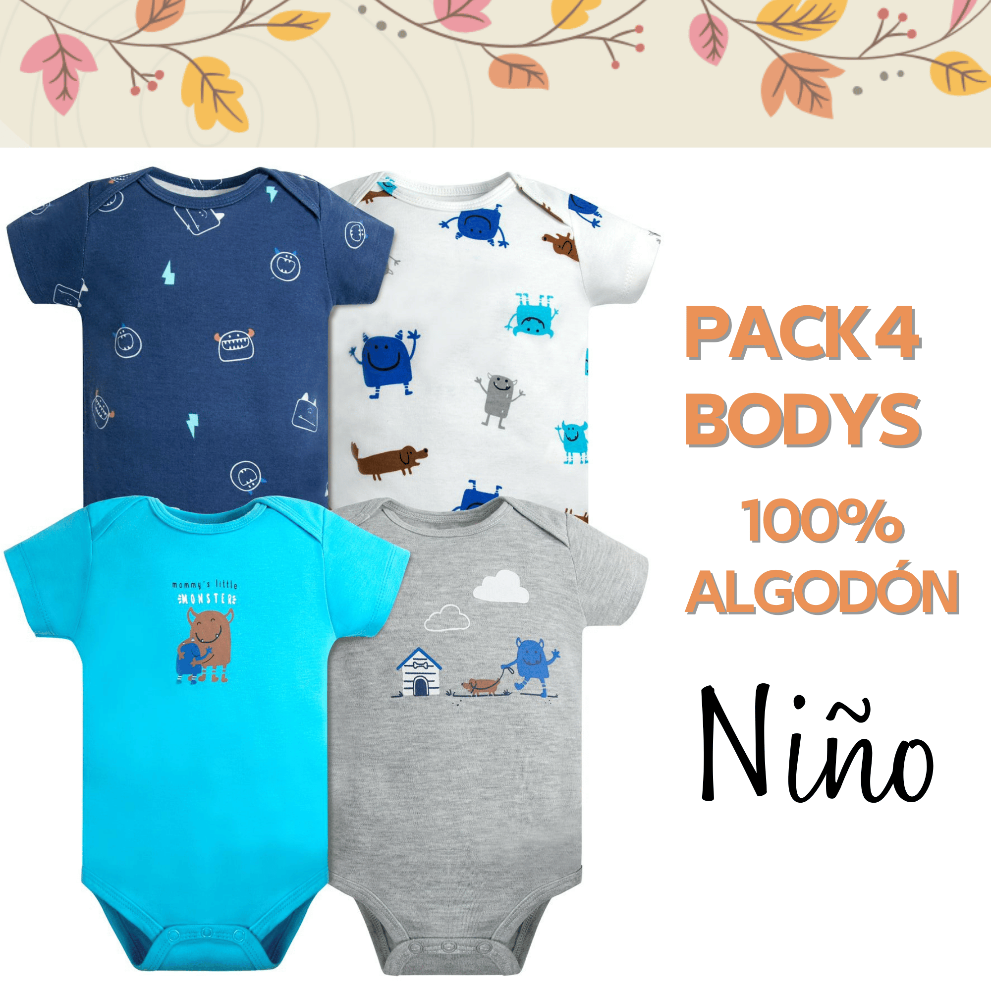 PACK 4 BODY ALGODON NIÑO UTILISIMO MULTICOLOR MANGA CORTA TEDMIMAK BLUE MONSTER - 5