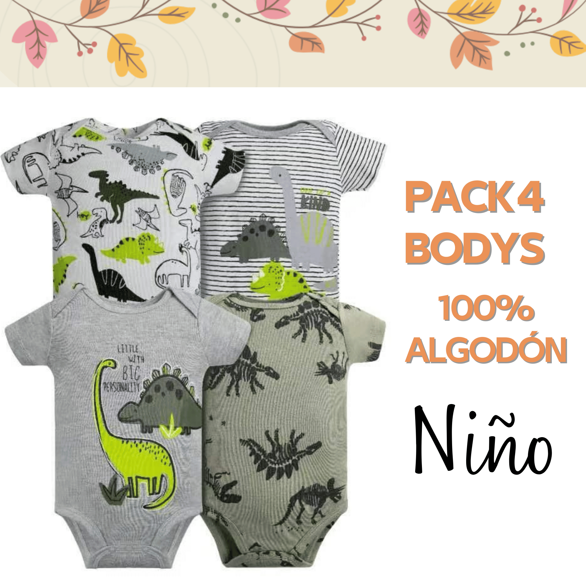 PACK 4 BODY ALGODON NIÑO TEDMIMAK MULTICOLOR MANGA CORTA DINOSAURIOS ANIMADOS - 4