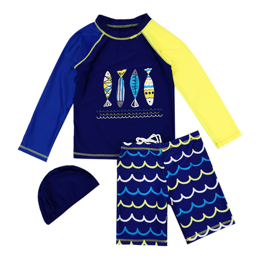 TRAJE DE BANO NINO JUMP KIDS 3 PIEZAS MANGA LARGA PECES. 10-11 anos Azul