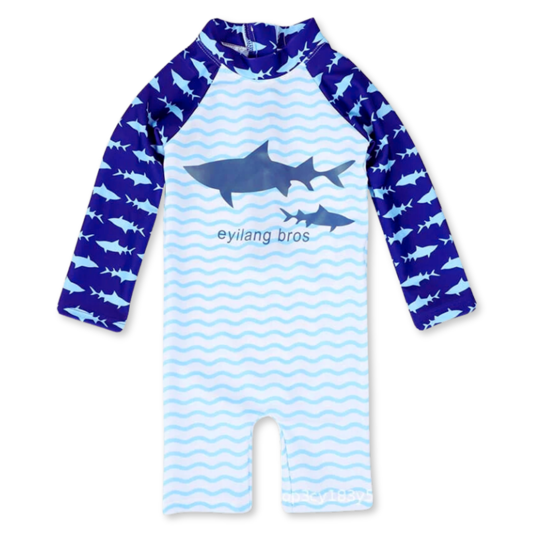 TRAJE DE BANO NINO JUMP KIDS AZUL ENTERITO MANGA LARGA TIBURON 5-6 anos