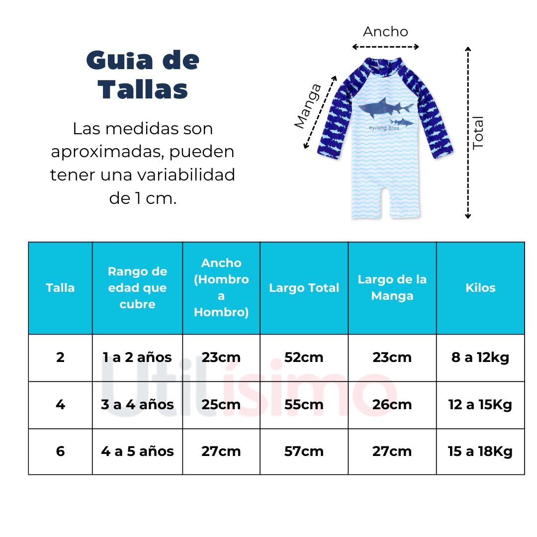 TRAJE DE BAÑO NIÑO JUMP KIDS AZUL ENTERITO MANGA LARGA TIBURON - 3