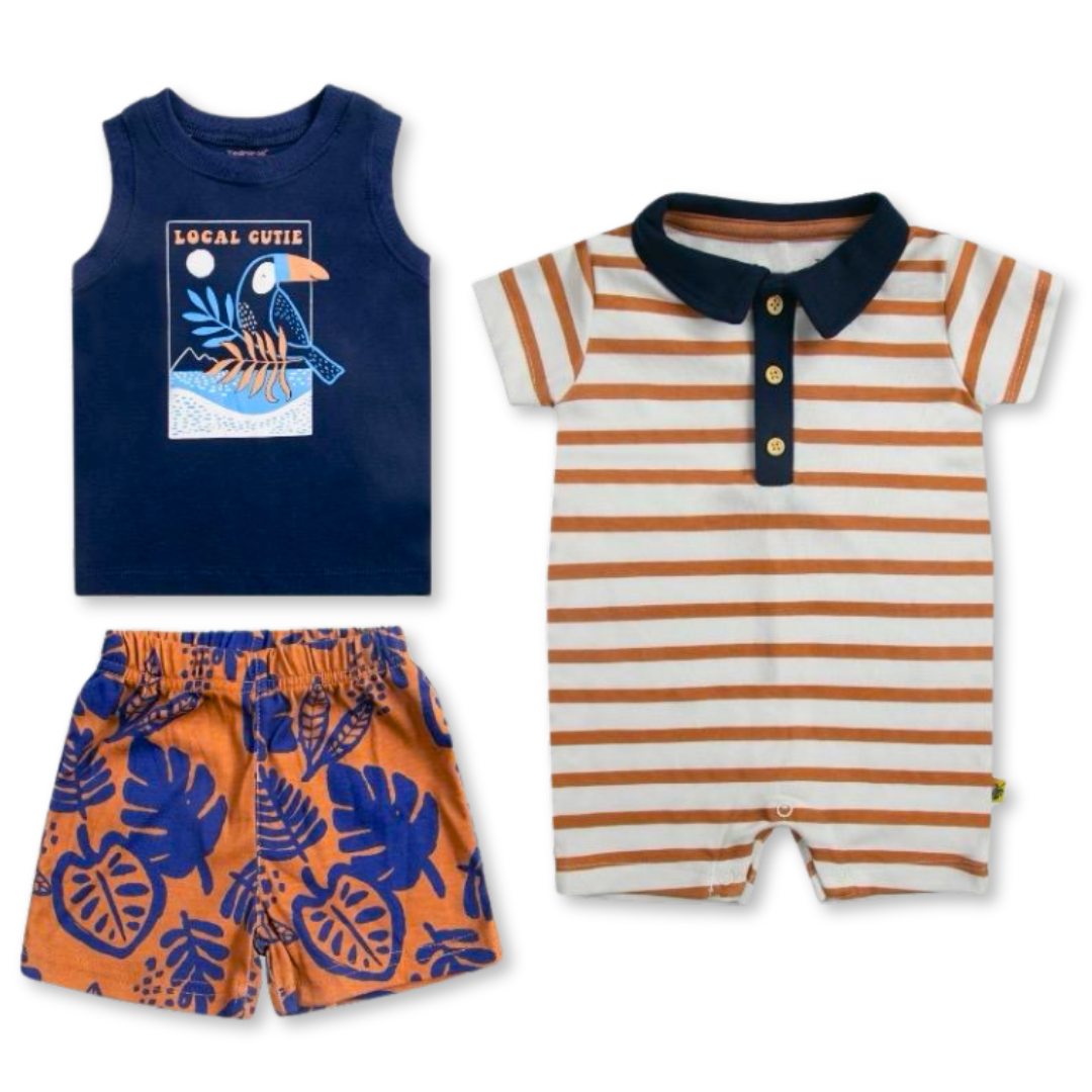 SET 3 PIEZAS CONJUNTO NIÑO JUMP KIDS AZUL CON ENTERITO BEBE TEDMIMAK ALGODÓN TUCÁN - 1