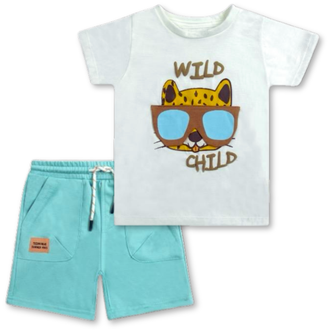 SET CONJUNTO ALGODON NIÑO JUMP KIDS AZUL 2 PIEZAS POLERA SHORT TEDMIMAK VERANO WILD CHILD - 1
